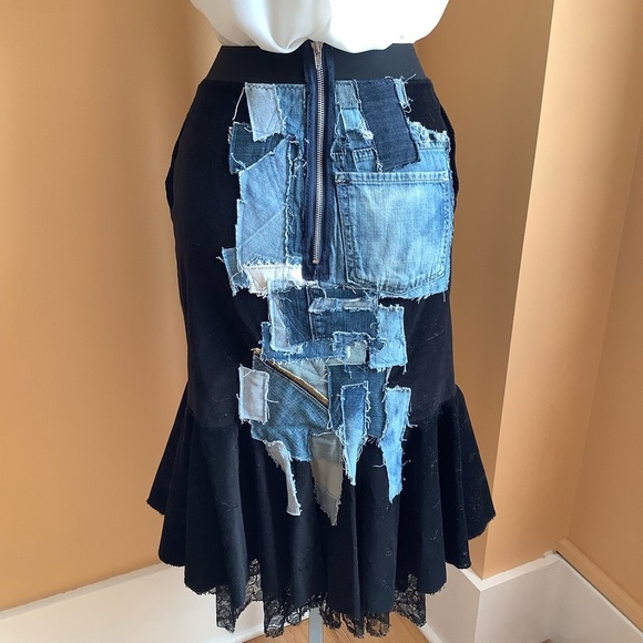 LOVEMATTERS Designer Black Corduroy & Patchwork Denim Skirt Size XS - Picture 6 of 16